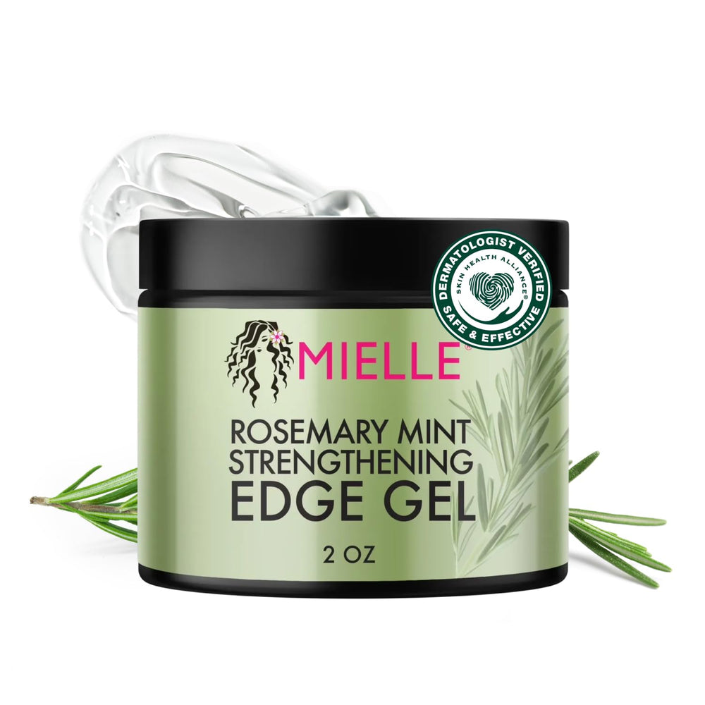 Mielle Organics Rosemary and Mint Edge Control Gel jar close-up showing strong hold and nourishment.