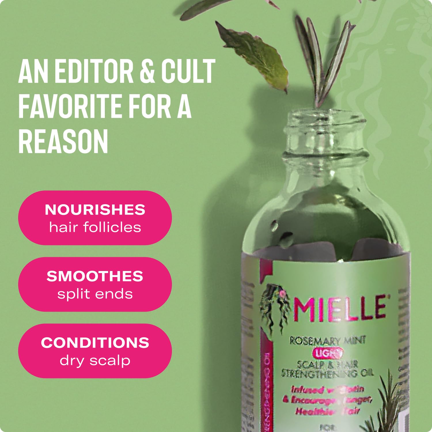Ingredients display for Mielle Organics Rosemary & Mint Light Hair Oil highlighting biotin benefits