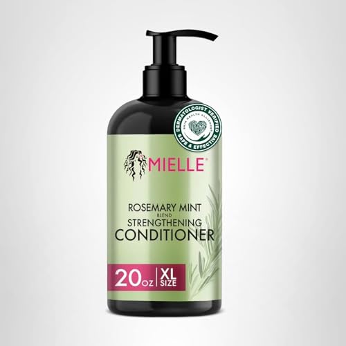 Mielle Organics Rosemary Mint Strengthening Conditioner lifestyle shot features healthy-looking hair.