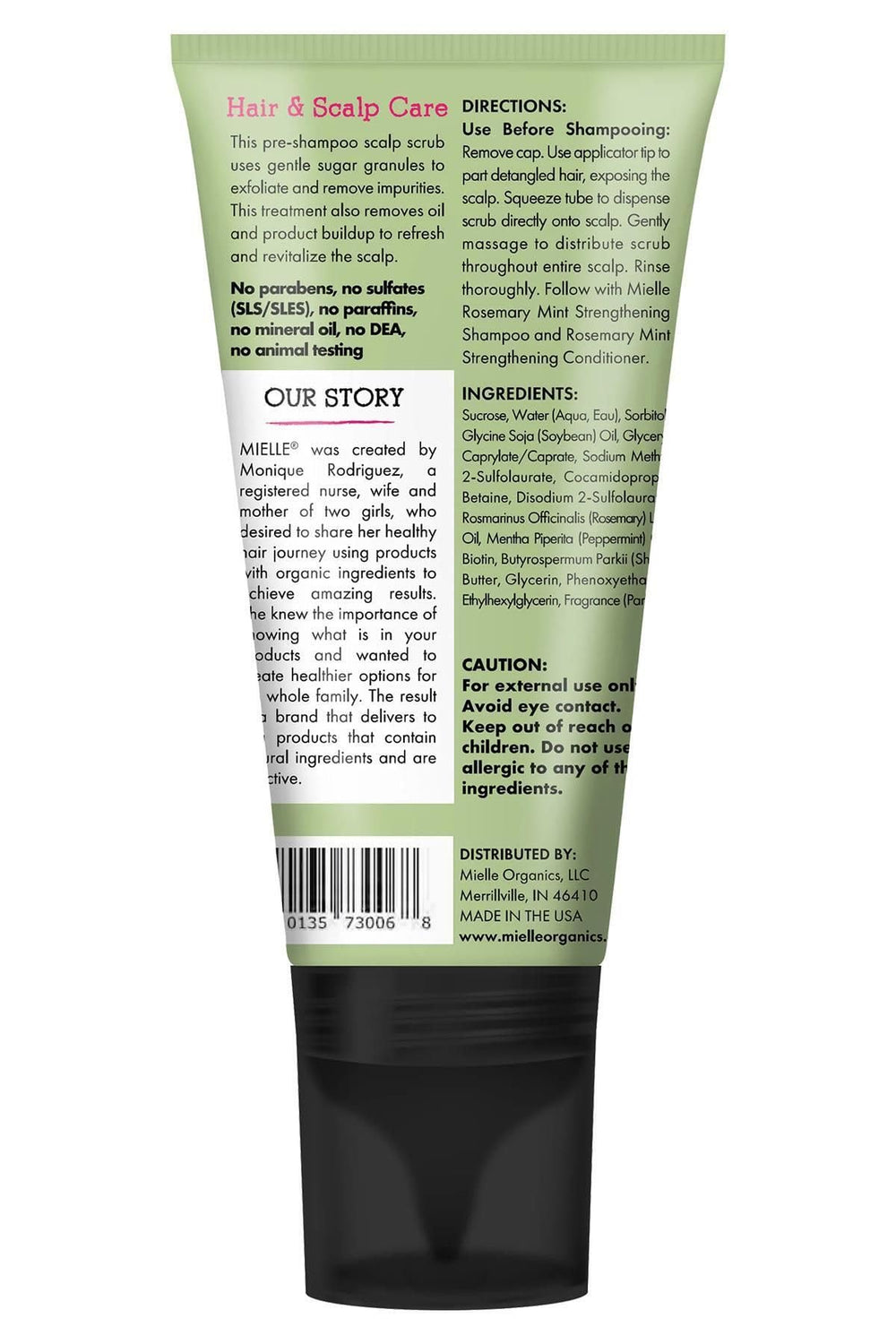 Mielle Organics scrub applicator tip enables targeted scalp exfoliation and even distribution.