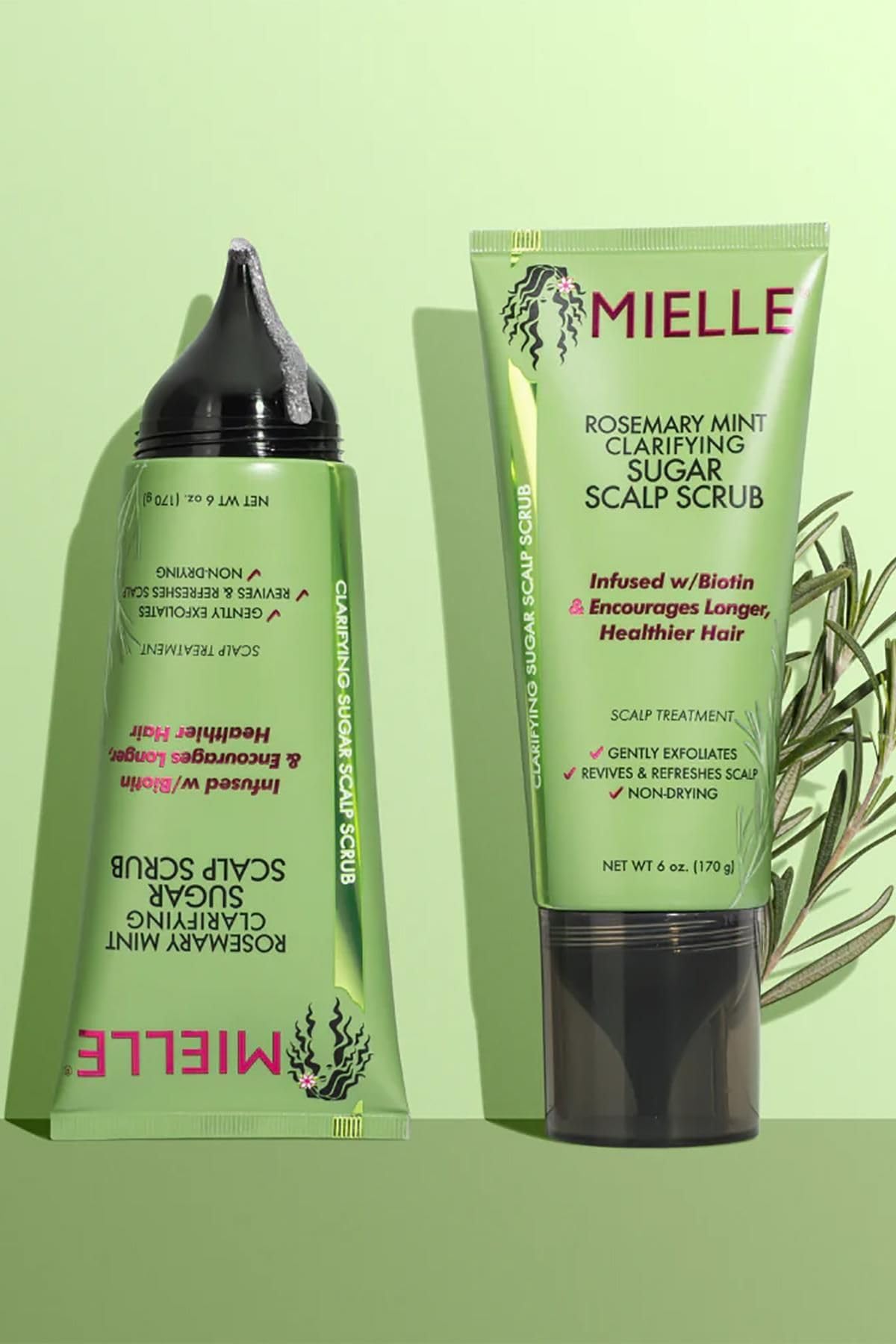 Mielle Organics packaging showcases Rosemary & Mint formula for a premium scalp care routine.