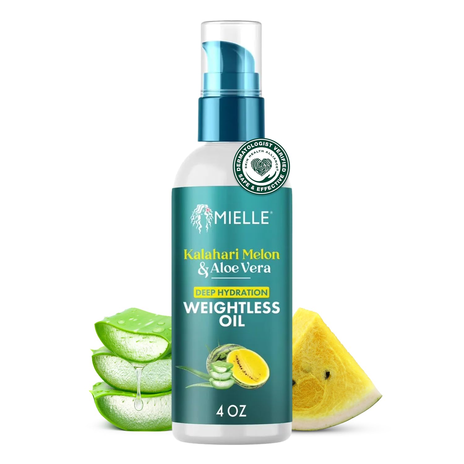 Mielle Organics Weightless Hair Oil bottle close-up with Kalahari Melon for deep hydration.