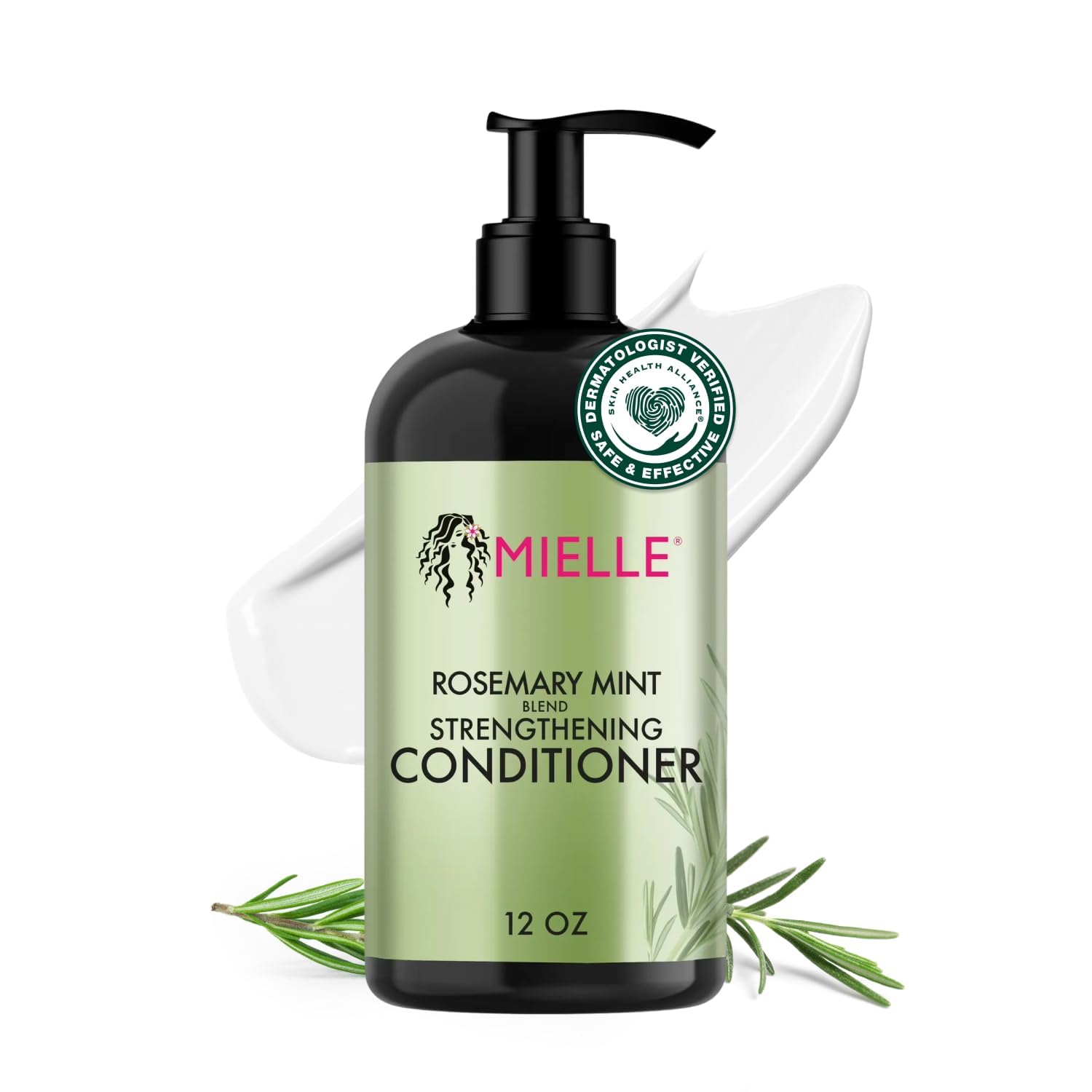Mielle Rosemary Mint Strengthening Conditioner bottle demonstrates easy detangling and hydration.
