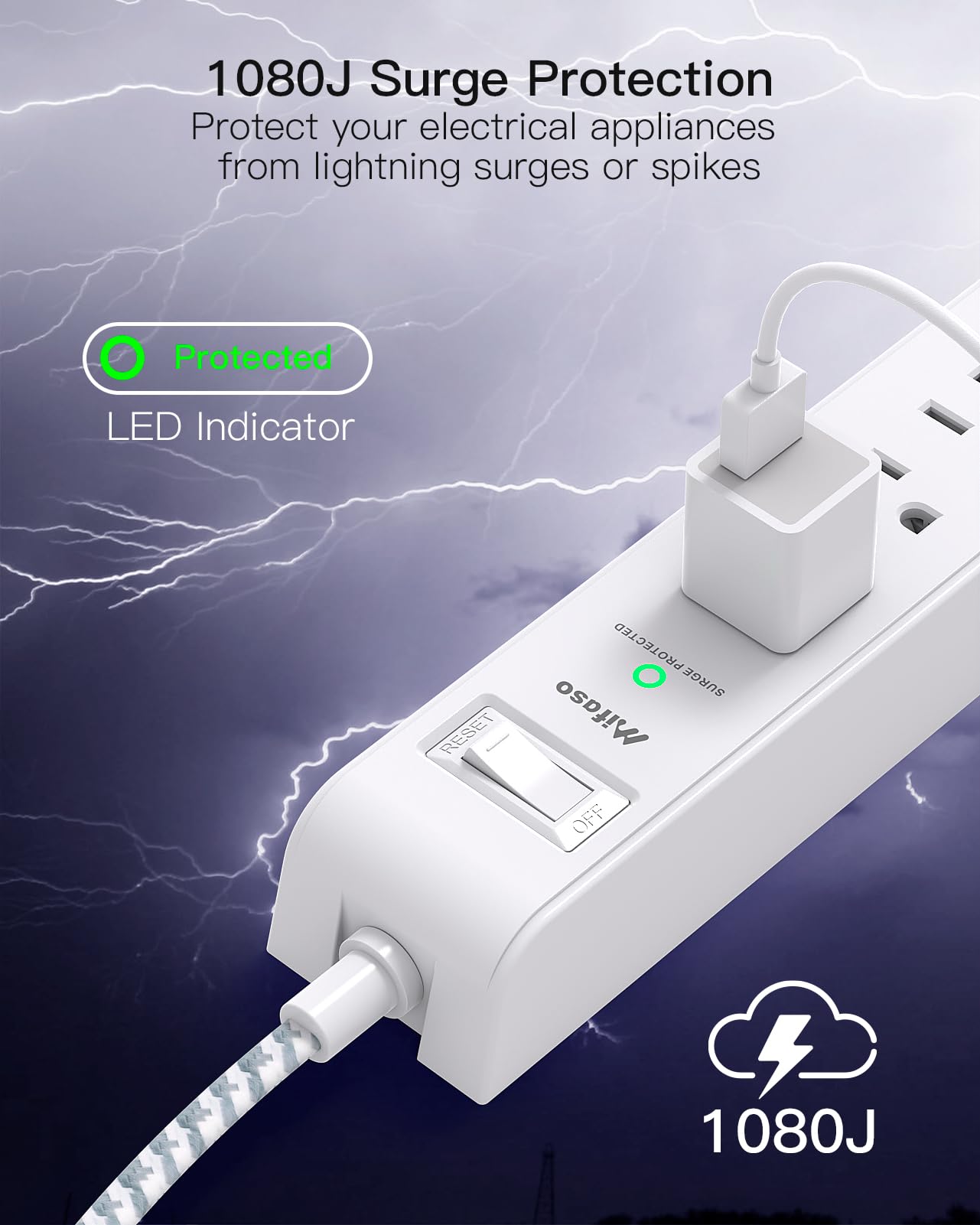 Mifaso 1080 joules surge protection guards electronics against spikes
