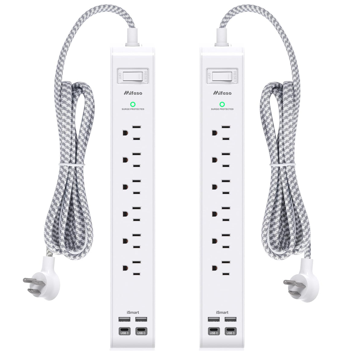 Mifaso 2-pack power strip with 6 outlets and 4 USB ports for versatile charging.