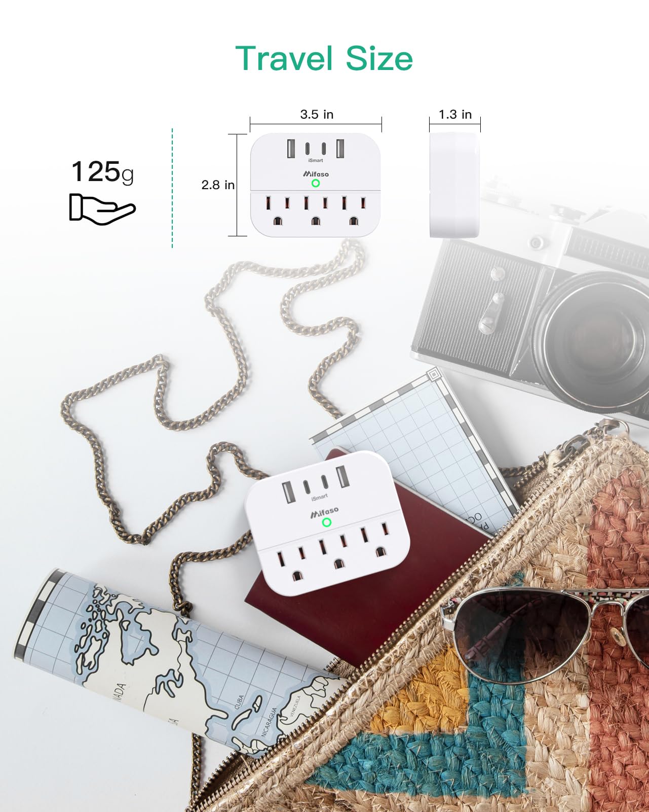 Mifaso compact design foldable plug fits bags and suitcases.