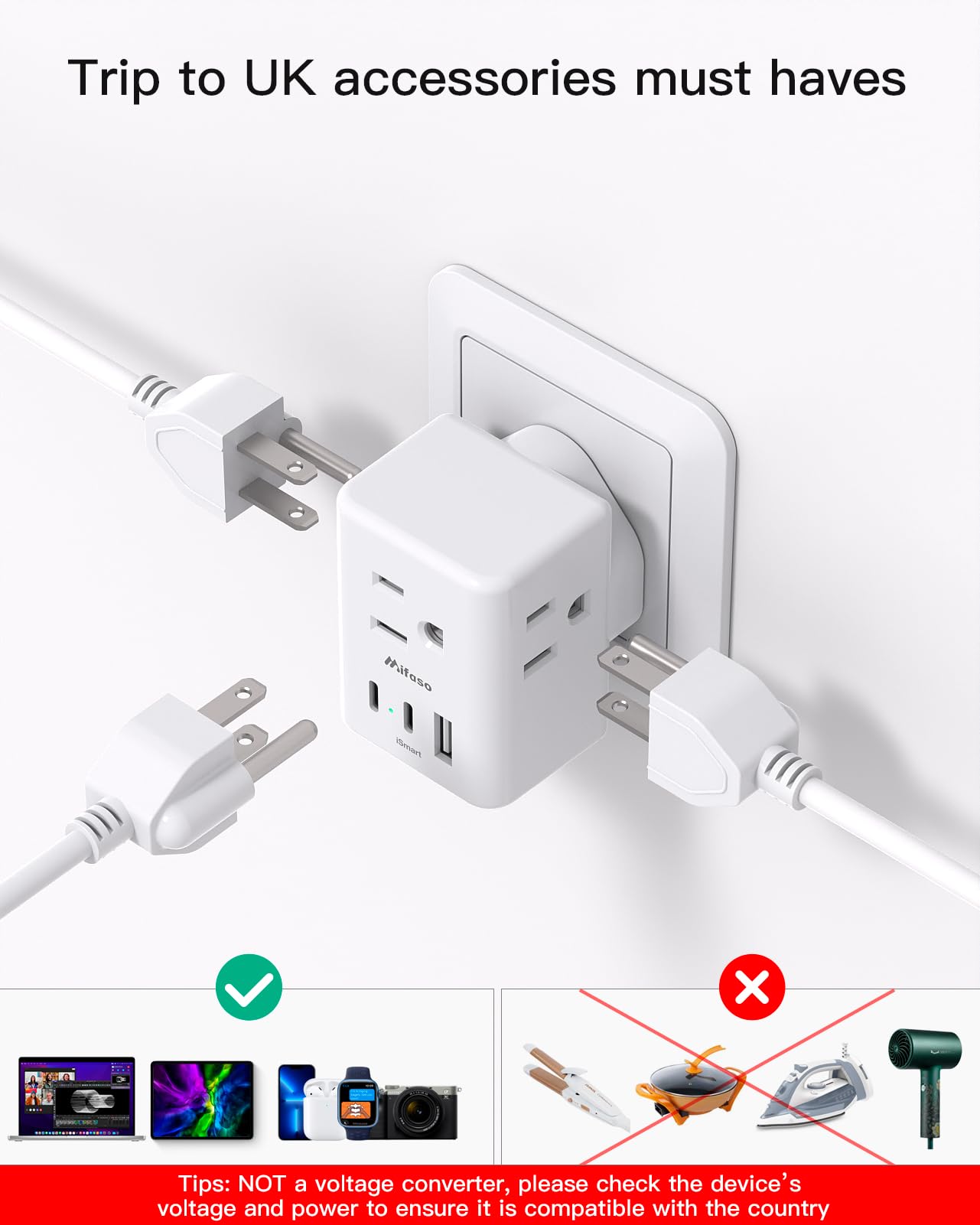 Mifaso cruise-friendly adapter ready for airline and cruise ship use.