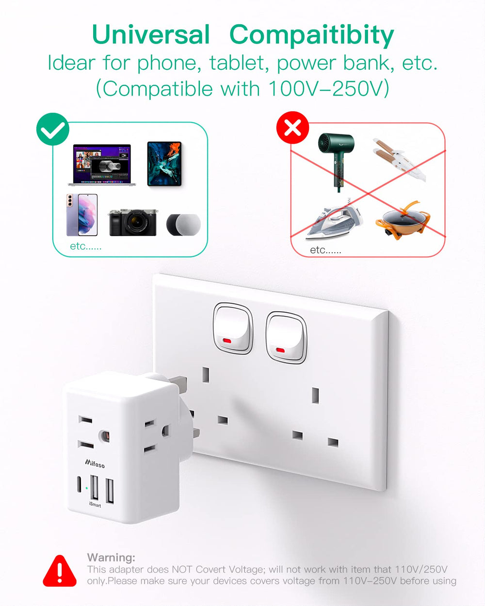 Mifaso cruise-friendly UK adapter fits compact luggage and avoids bulky extensions
