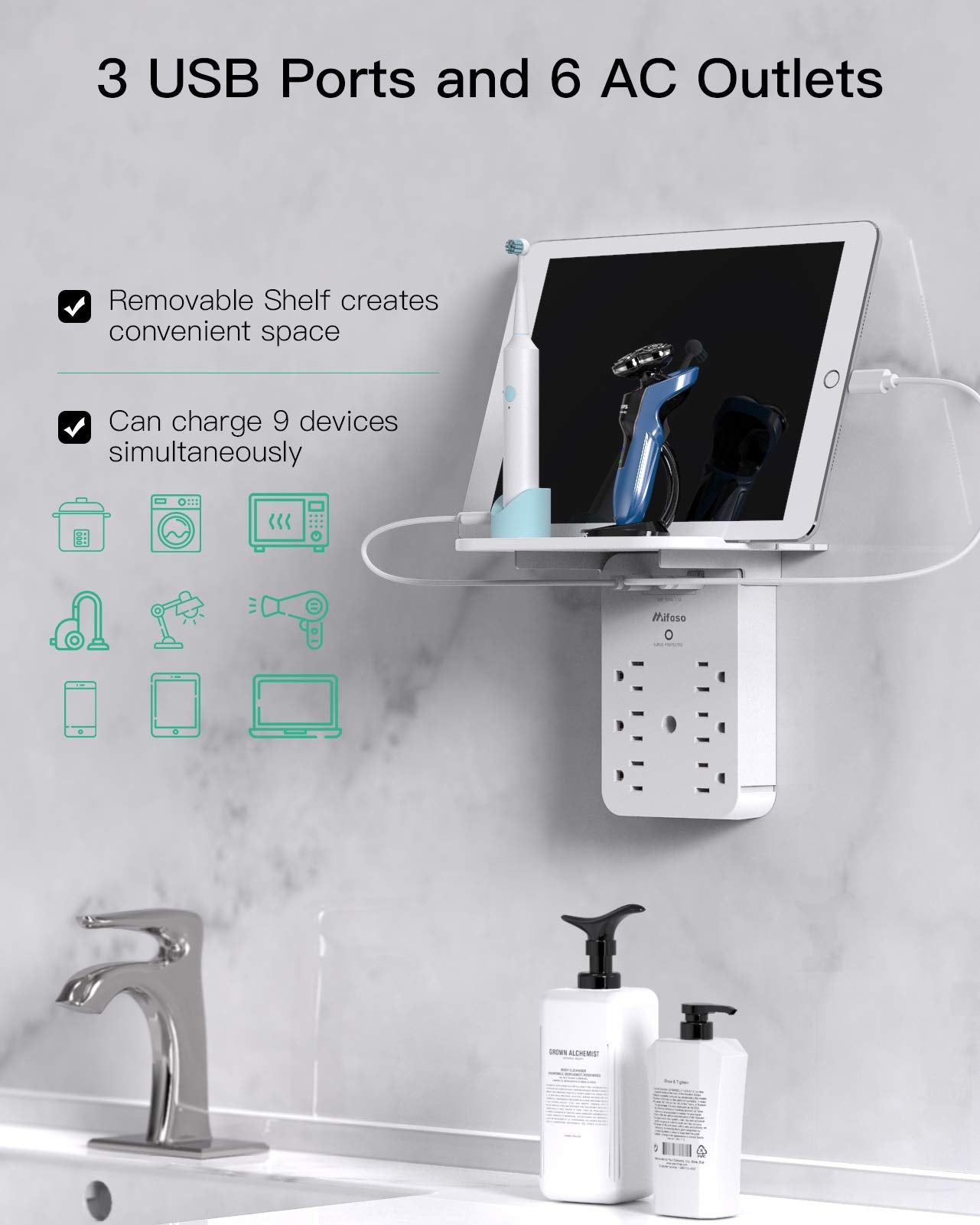 Mifaso outlet extender shows six AC outlets for powering multiple devices from one wall outlet