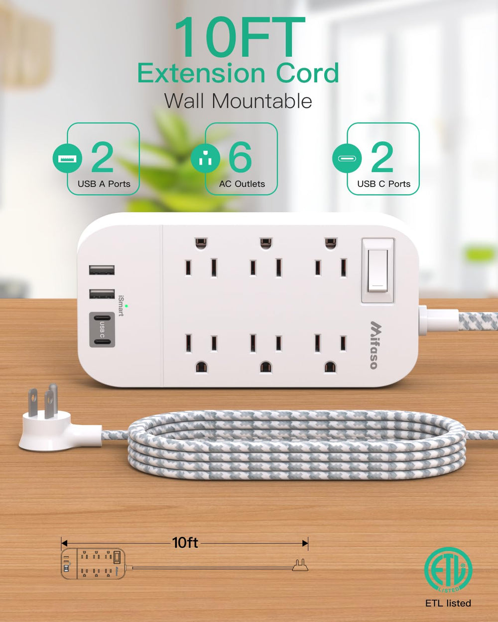 Close-up of 10ft braided cord on the Mifaso power strip for flexible reach