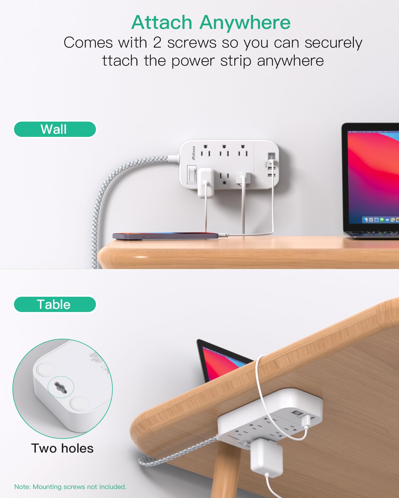 Mifaso power strip flat plug and wall-mount holes for secure installation
