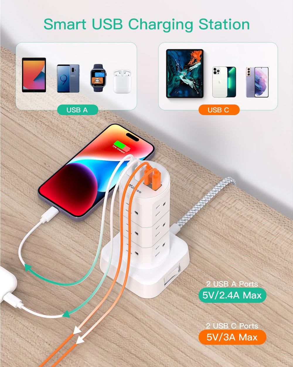 Slim flat plug cord along wall behind furniture for space-saving setup.