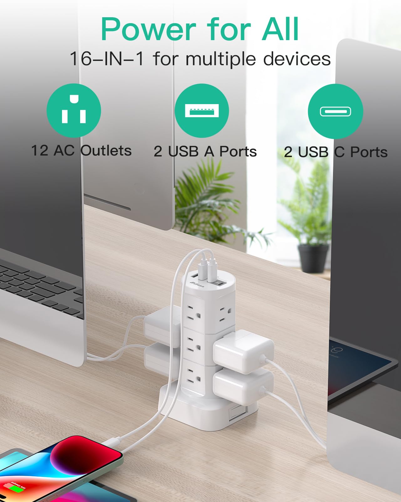 Mifaso power strip with integrated circuit breaker for safe operation.