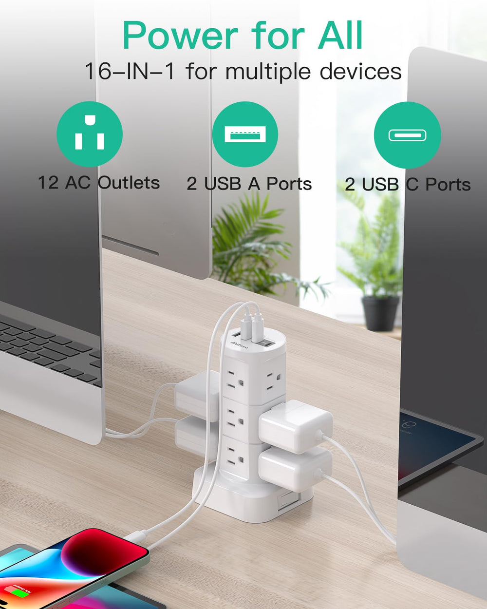 Mifaso power strip with integrated circuit breaker for safe operation.