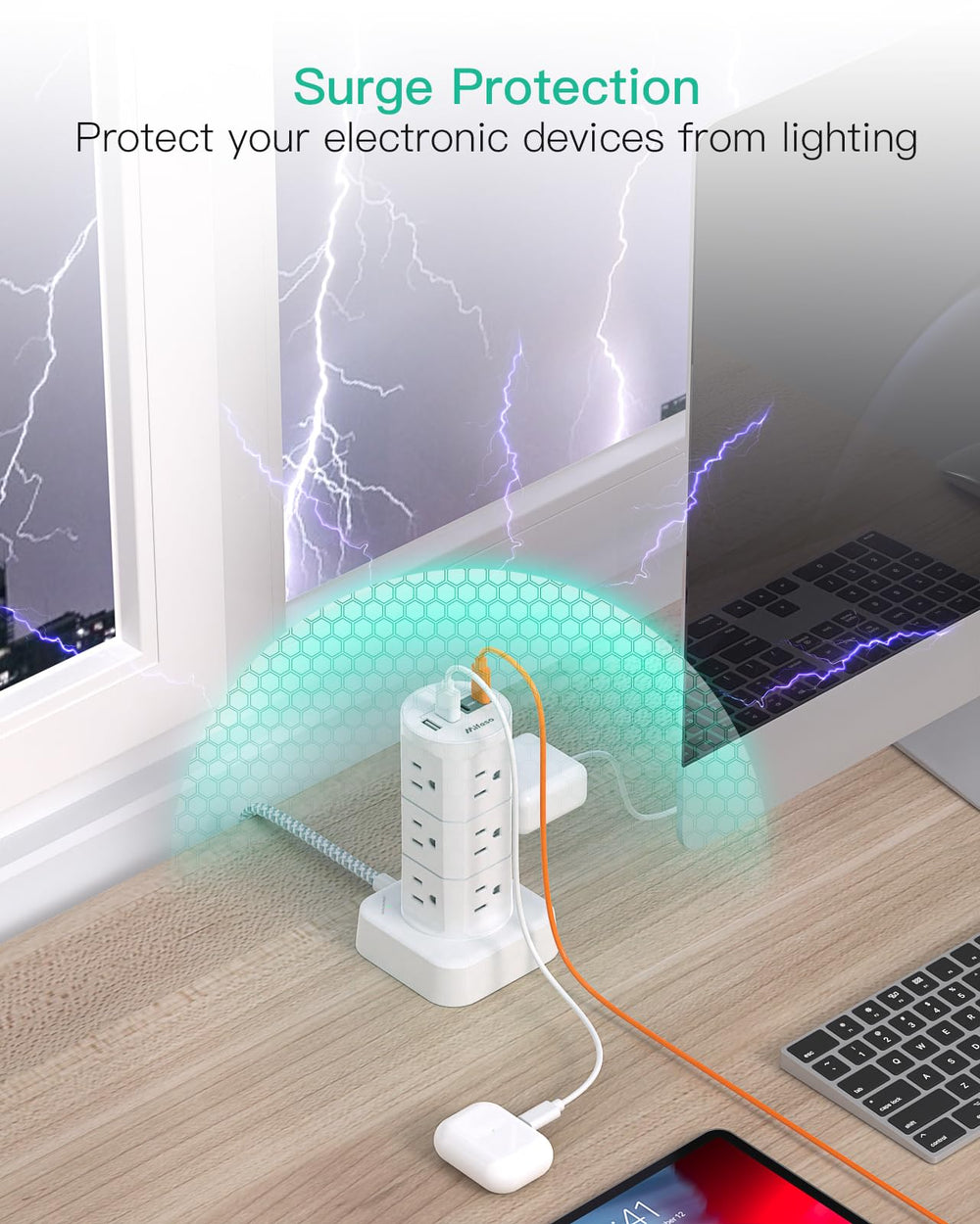Vertical tower design keeps outlets accessible while saving desk space.