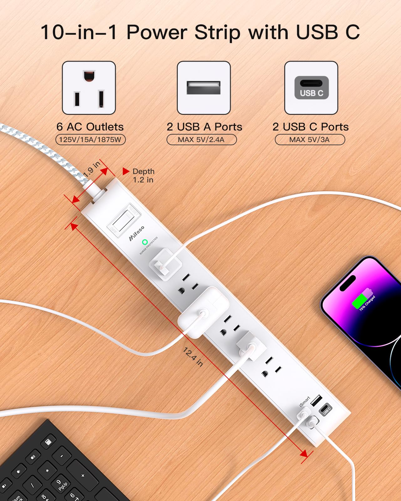 Mifaso slim flat-plug power strip fits tight spaces behind furniture