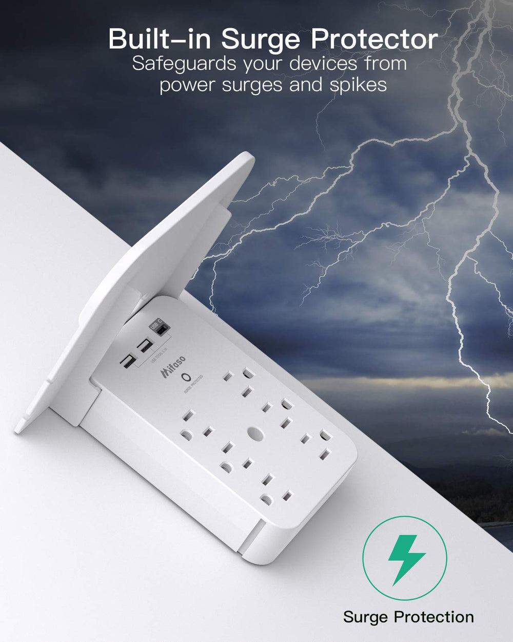 Mifaso 490 Joules surge protection guards electronics from spikes