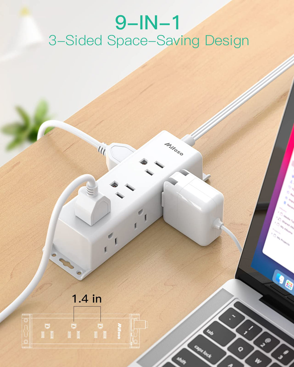 Mifaso three-side design shows wide-spaced outlets for bulky adapters.