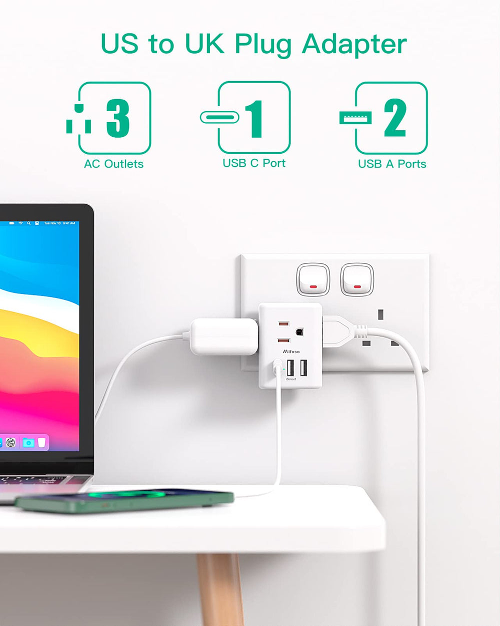 Mifaso US to UK Type G plug with USB ports enabling simultaneous device charging