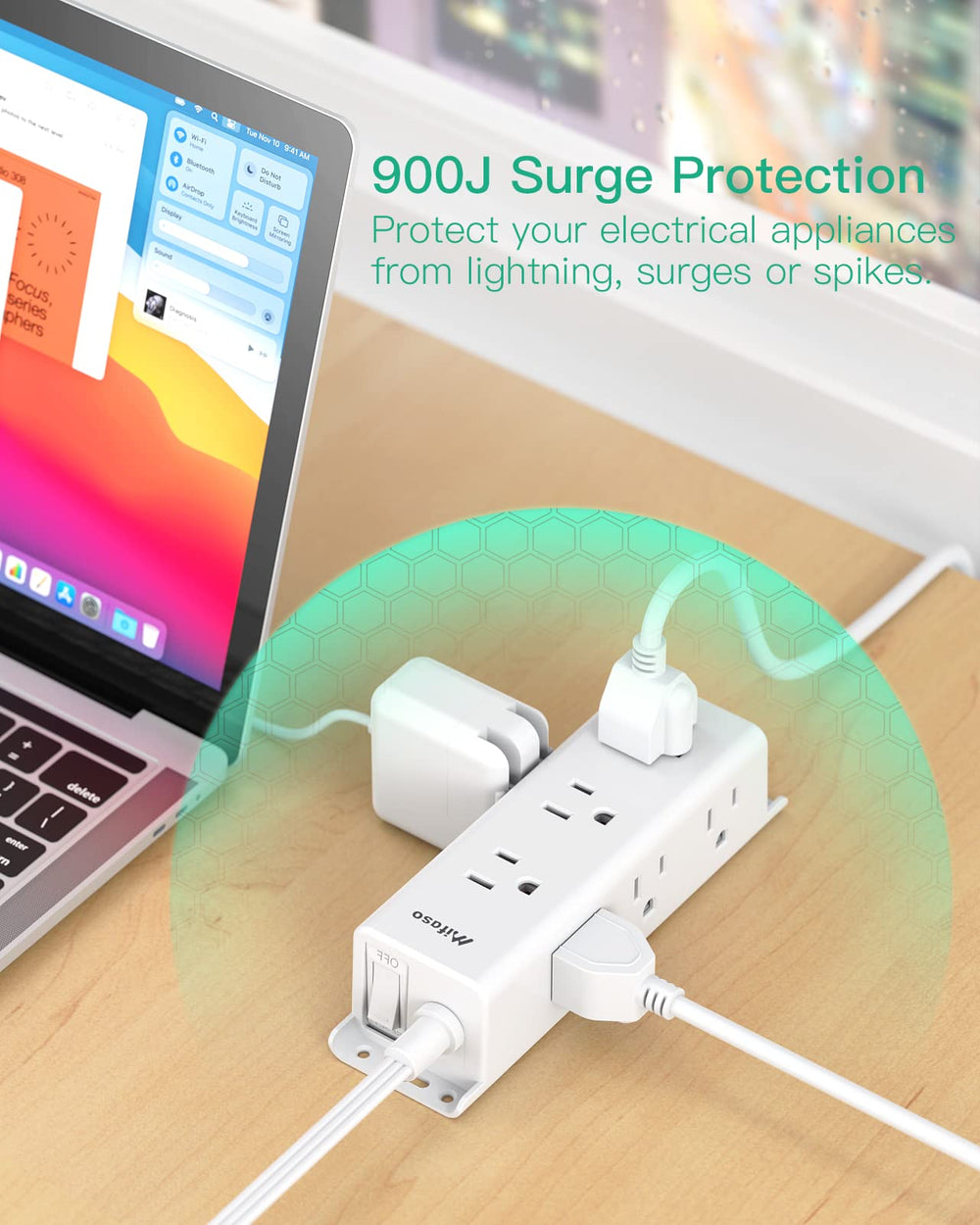 Mifaso wall-mountable power strip keeps desk tidy and accessible.