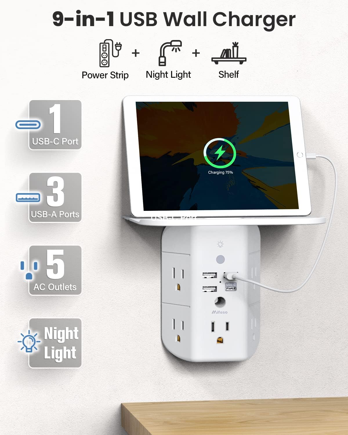 Mifaso 5 AC outlets and 3 USB ports power multiple devices at once.