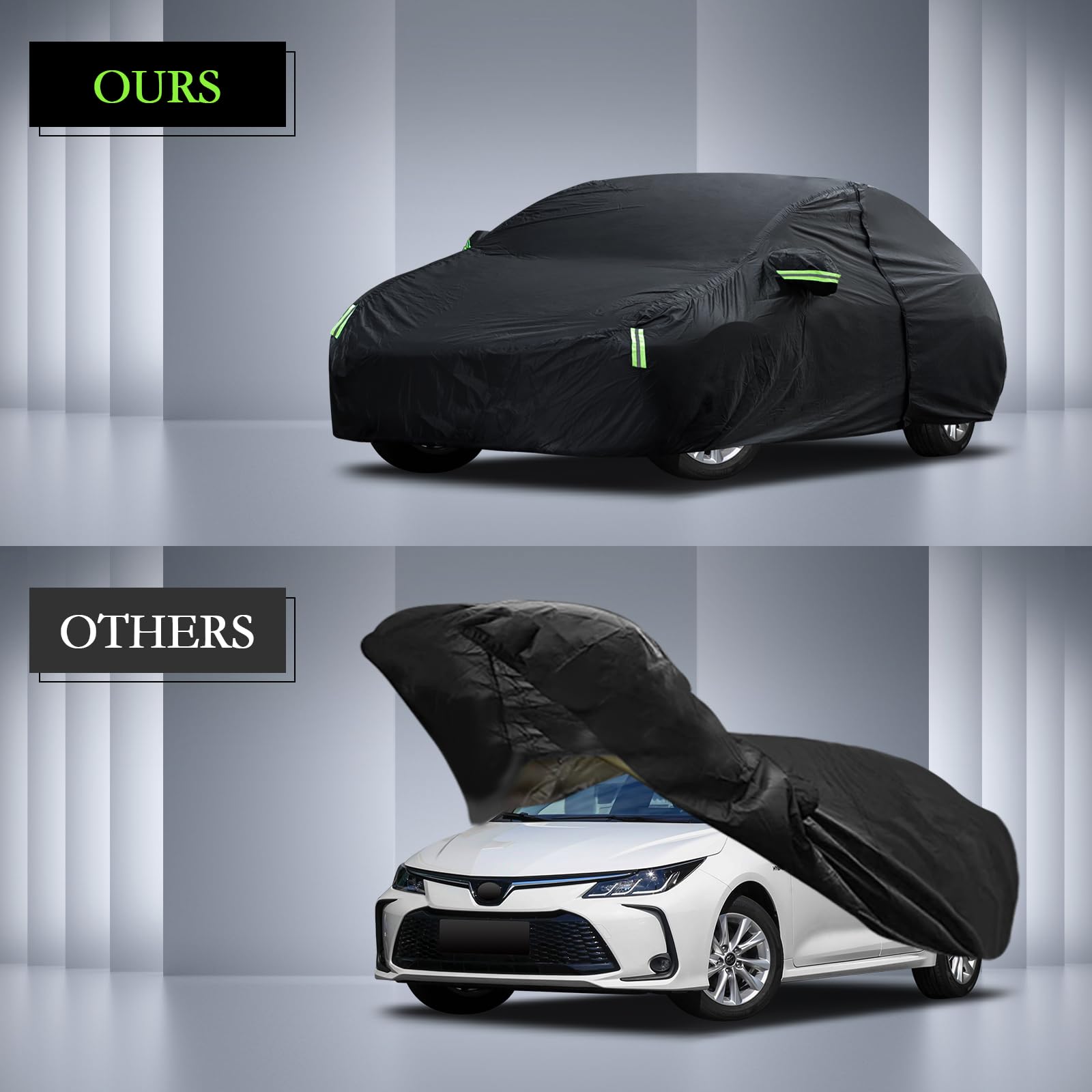 Migaven car cover elastic hem and four straps secure a snug fit.