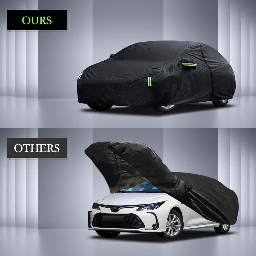 Migaven car cover elastic hem and four straps secure a snug fit.