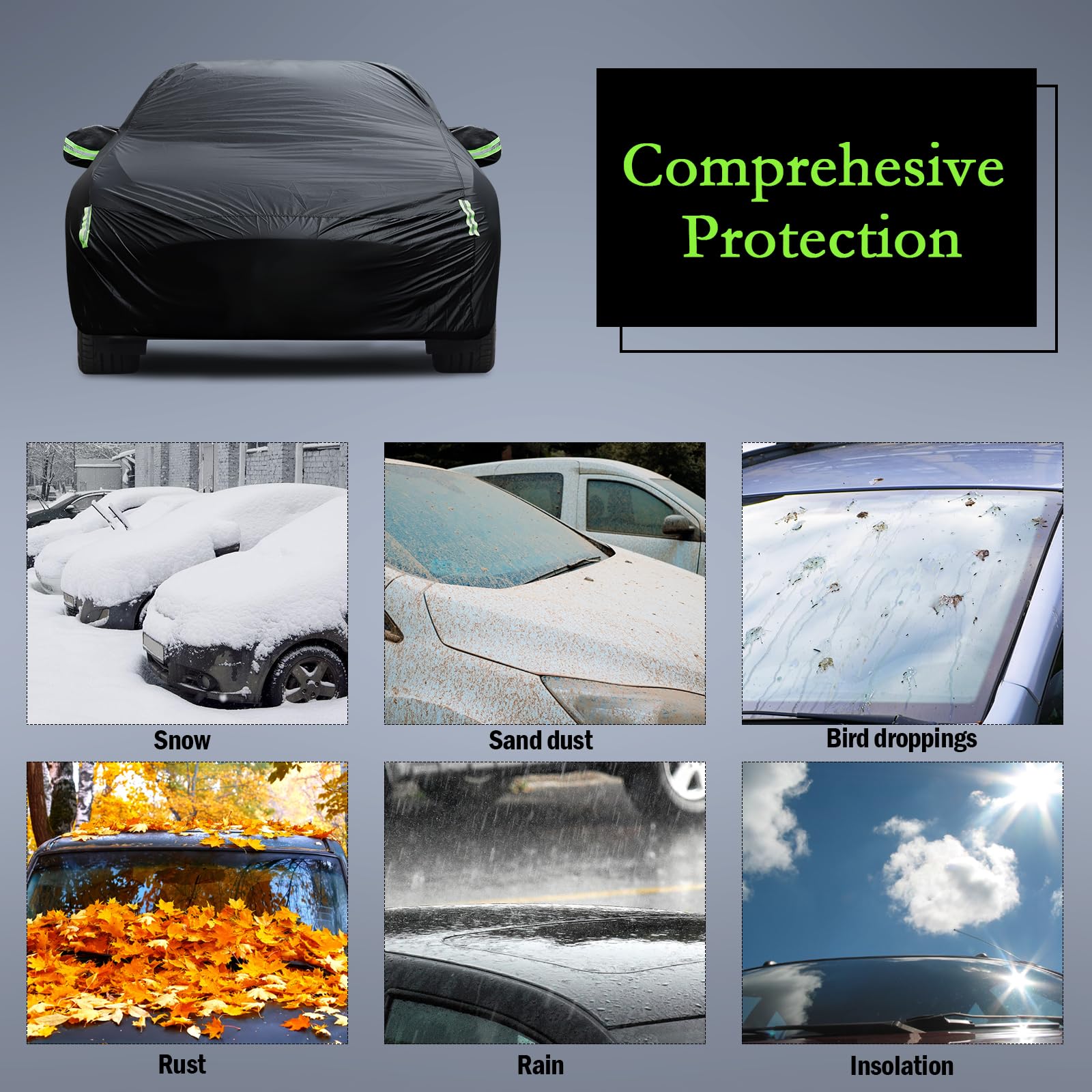 Migaven car cover with mirror pocket and reflective stripes enhances night visibility.