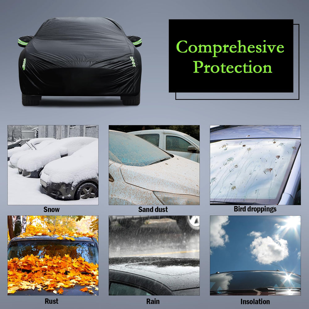 Migaven car cover with mirror pocket and reflective stripes enhances night visibility.
