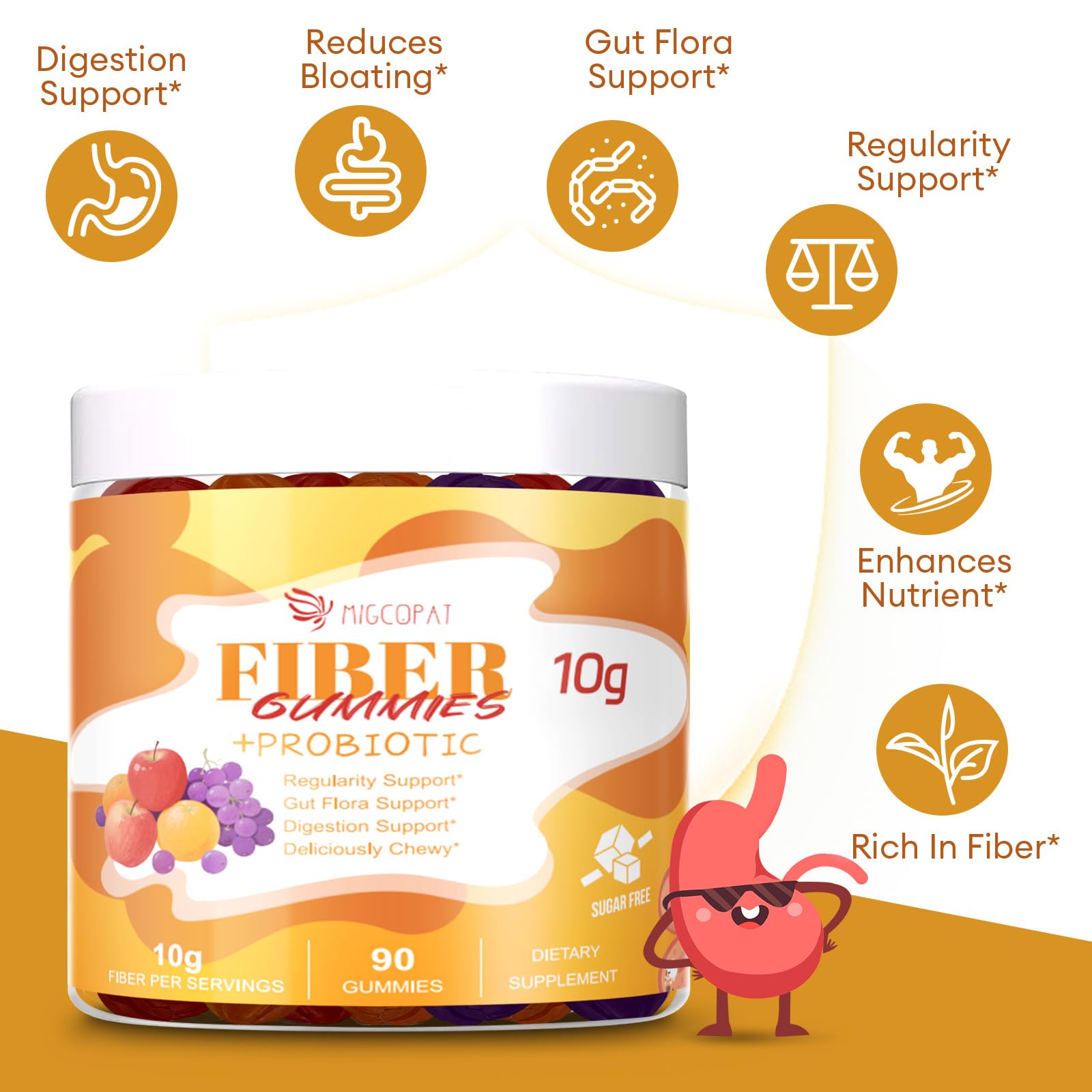 Migcopat 10G Gummies orange flavor close up highlights ready to chew convenience.