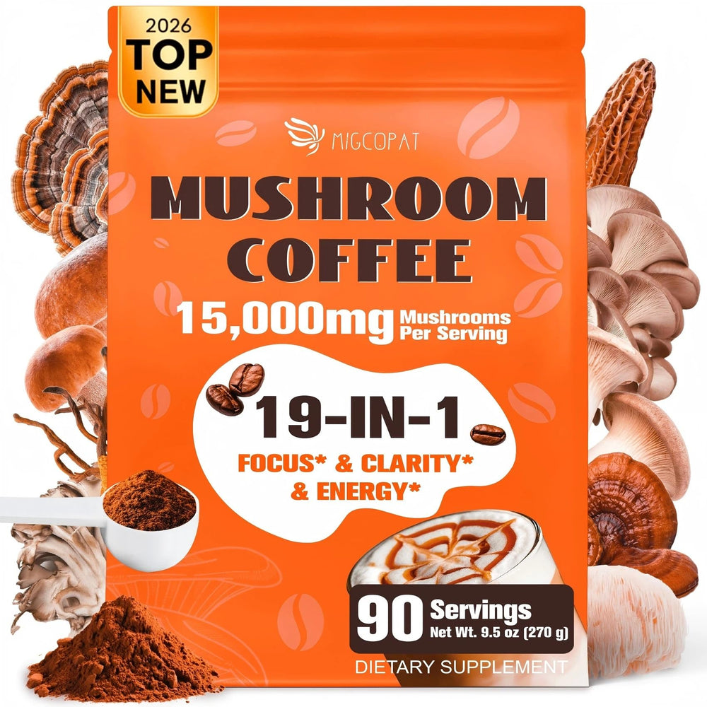 Migcopat 19-in-1 mushroom coffee bag highlights premium blend for daily focus.