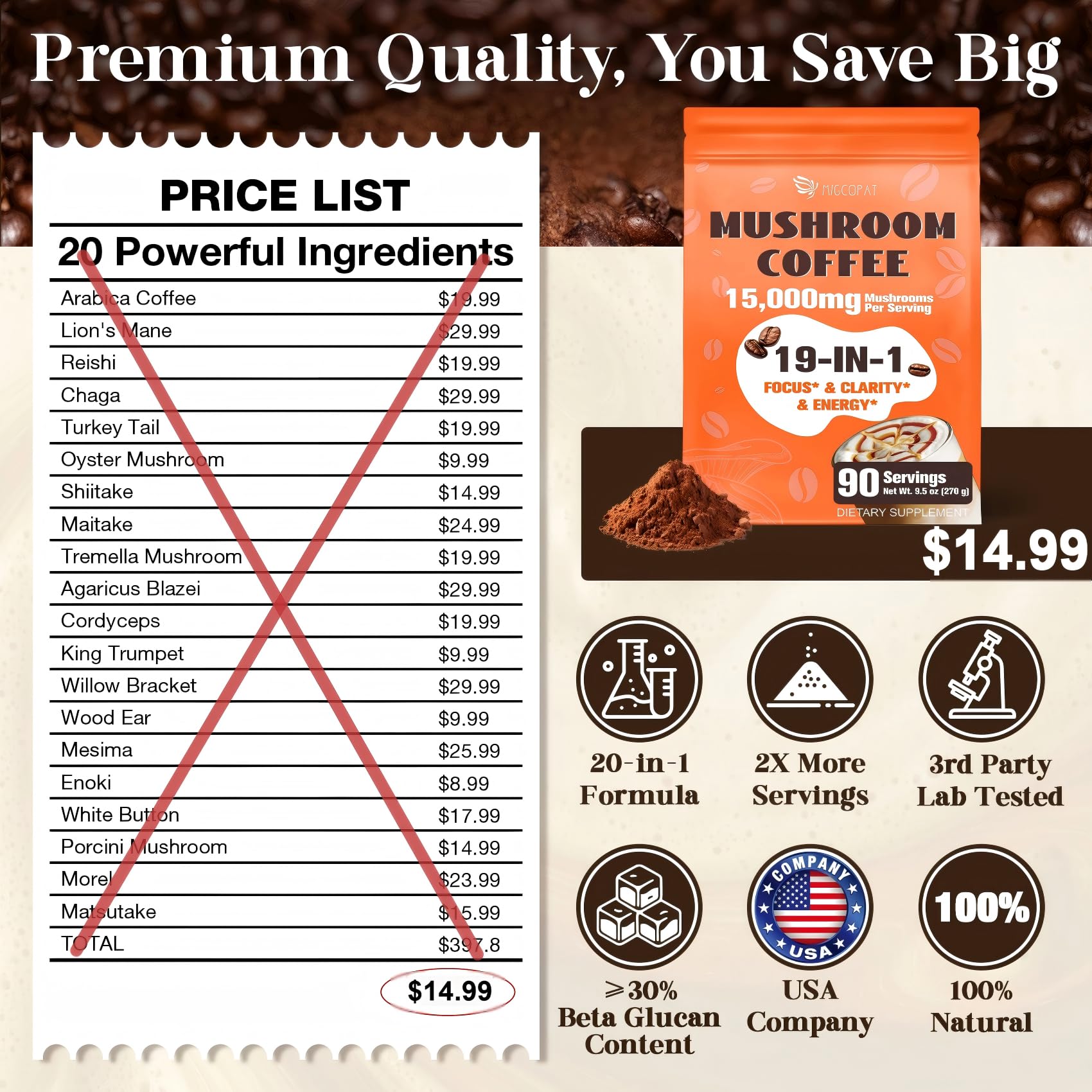 Migcopat scoop measures servings from a nutrient rich coffee blend.