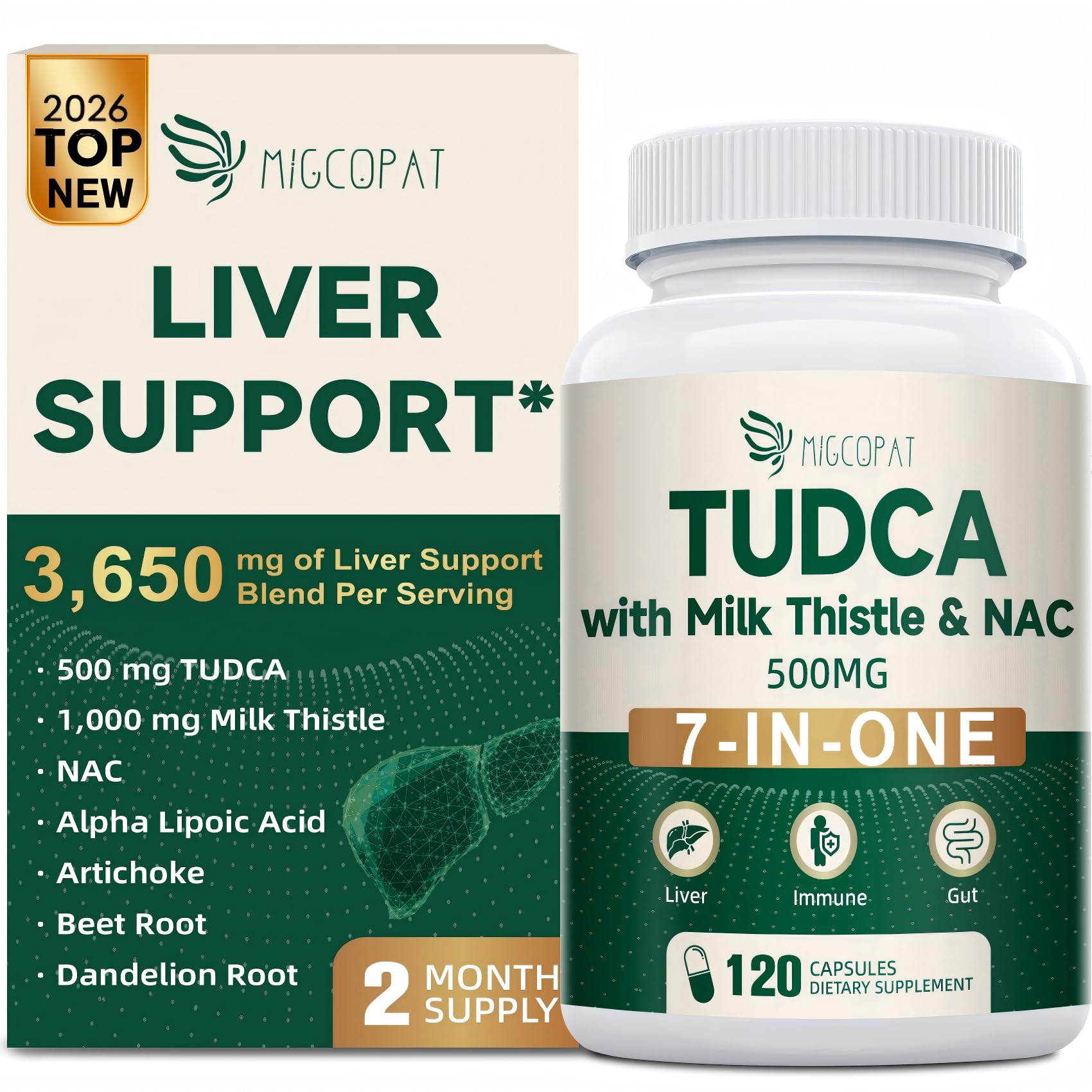 Migcopat 7-in-One Tudca bottle highlighting comprehensive liver support.