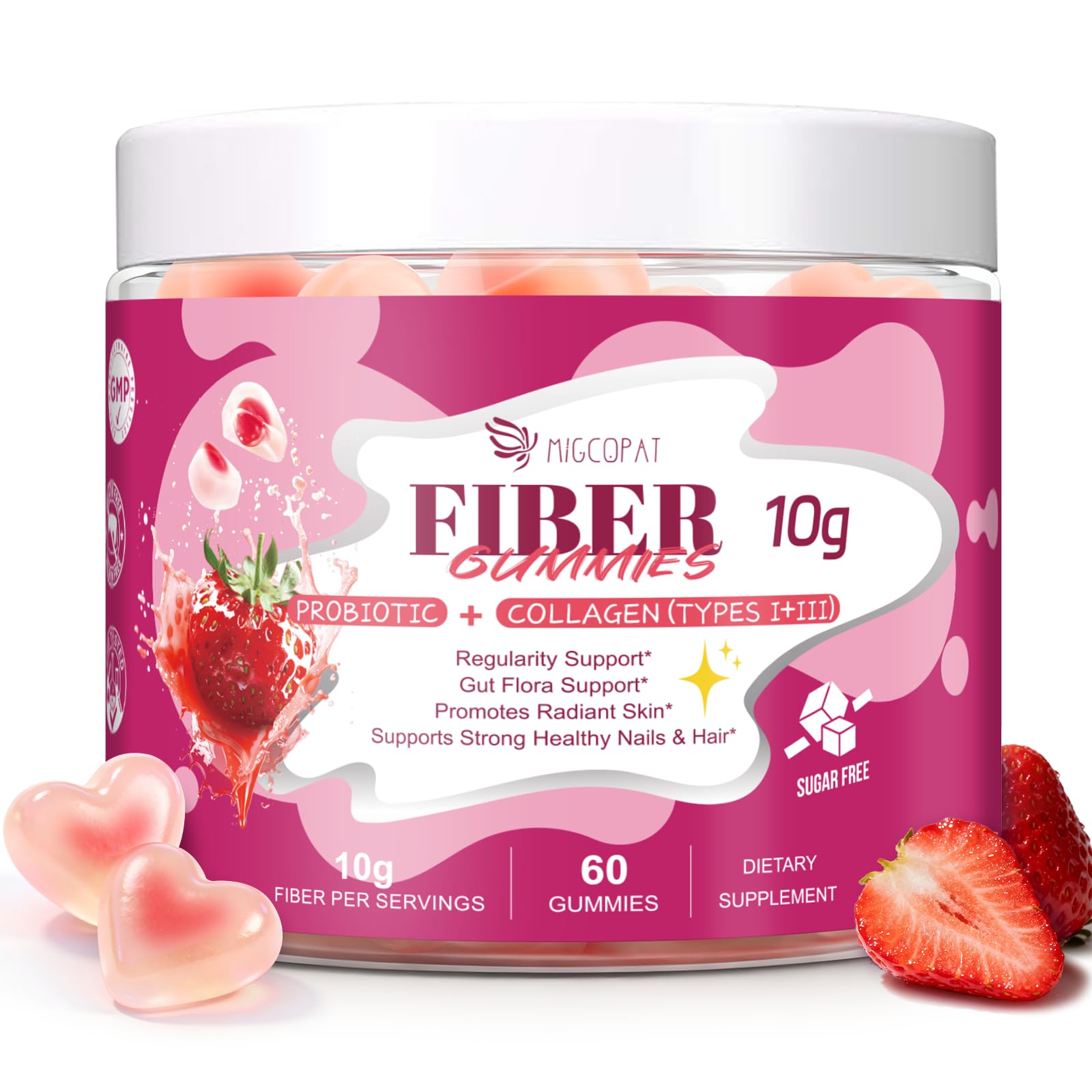 Migcopat fiber gummies bottle showing 10g fiber per serving for digestive support.