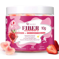 Migcopat fiber gummies bottle showing 10g fiber per serving for digestive support.