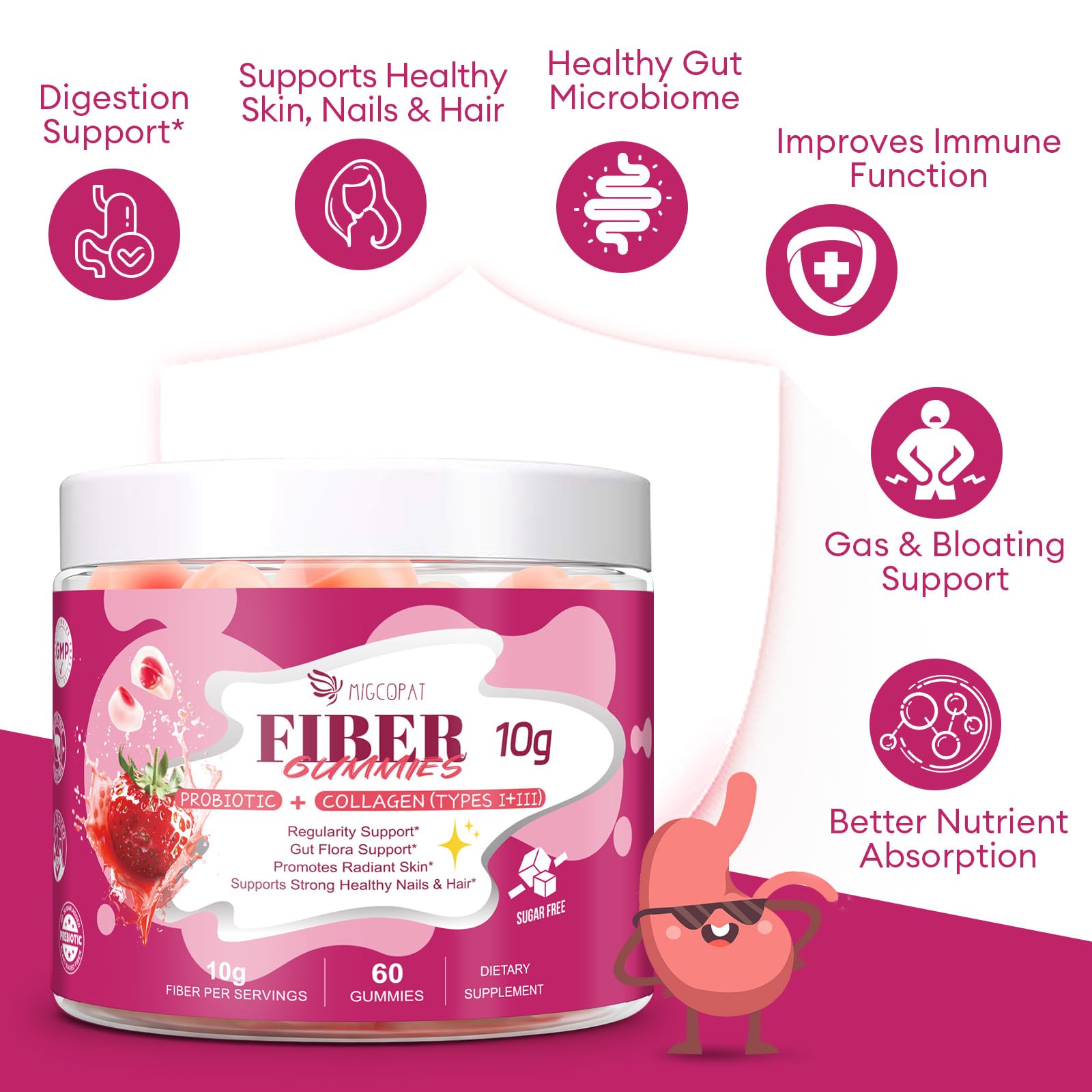 Migcopat fiber gummies ingredient list highlights soluble fiber sources.