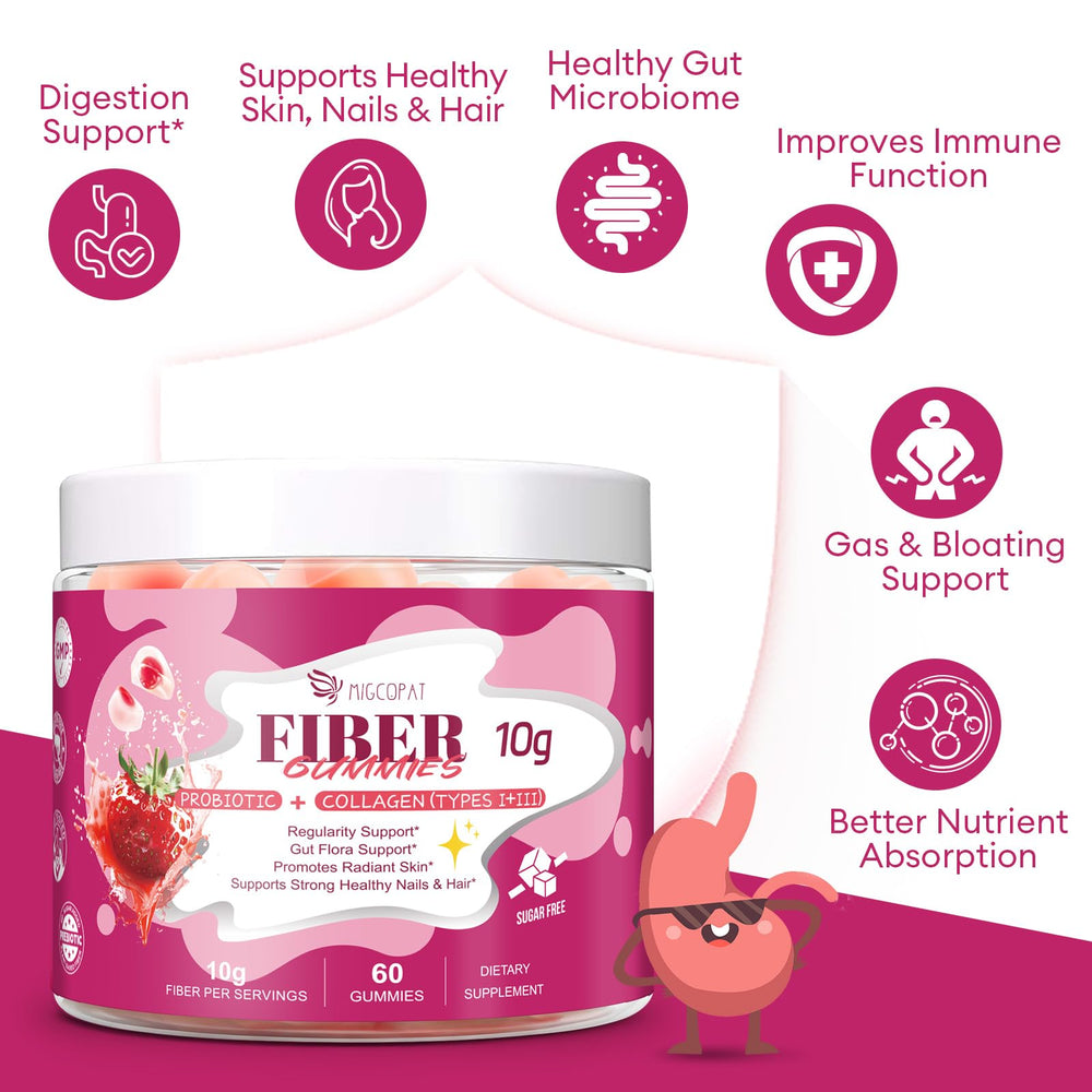 Migcopat fiber gummies ingredient list highlights soluble fiber sources.