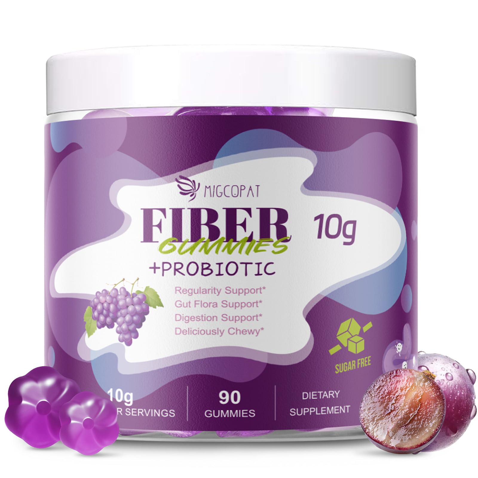 Migcopat grape gummies bottle highlights 10 g fiber per serving for daily digestive support.