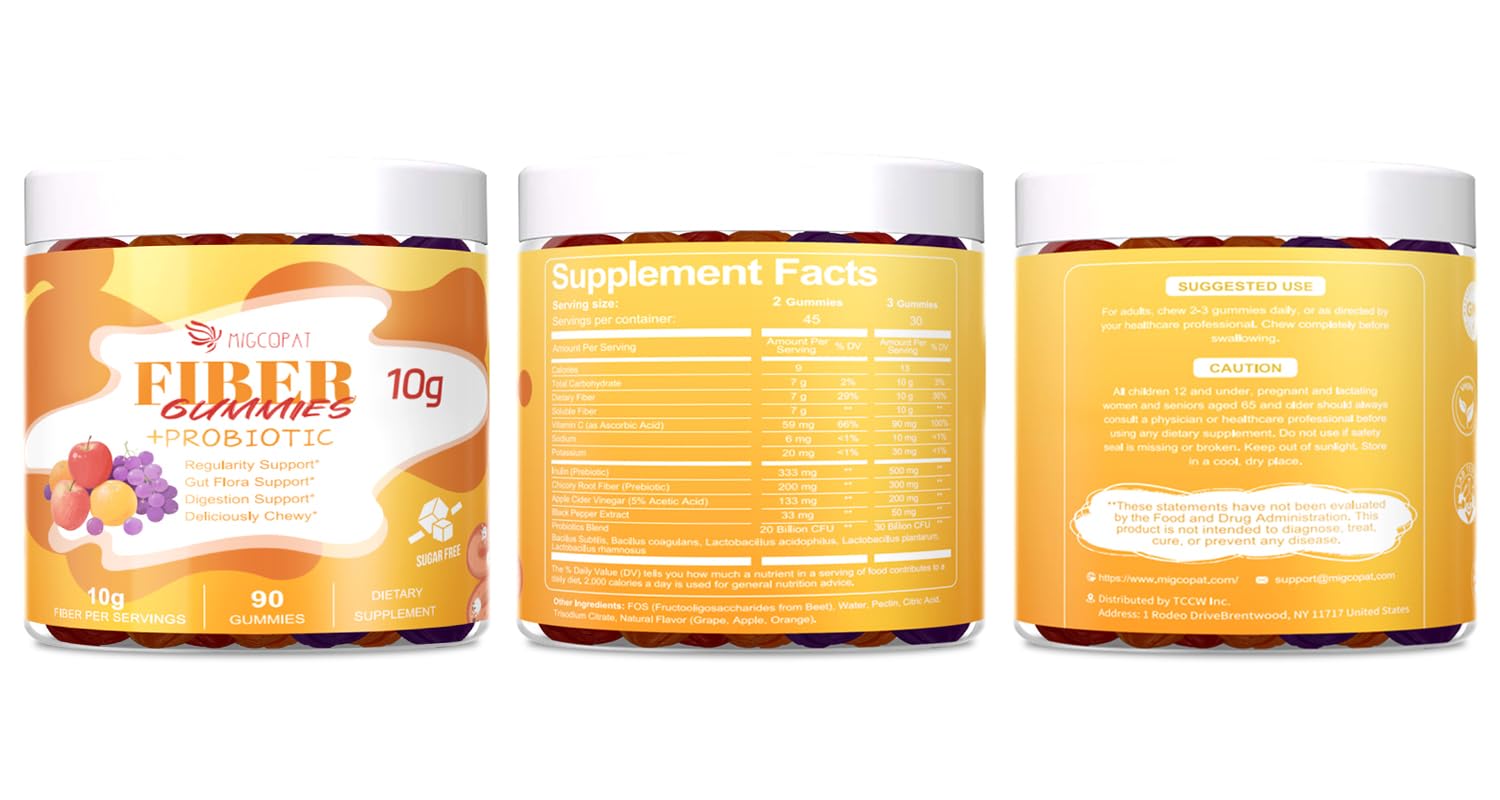 Migcopat vegan gummies for adults show daily fiber and probiotics.