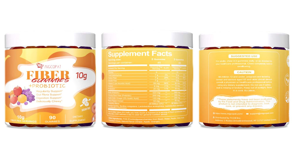Migcopat vegan gummies for adults show daily fiber and probiotics.