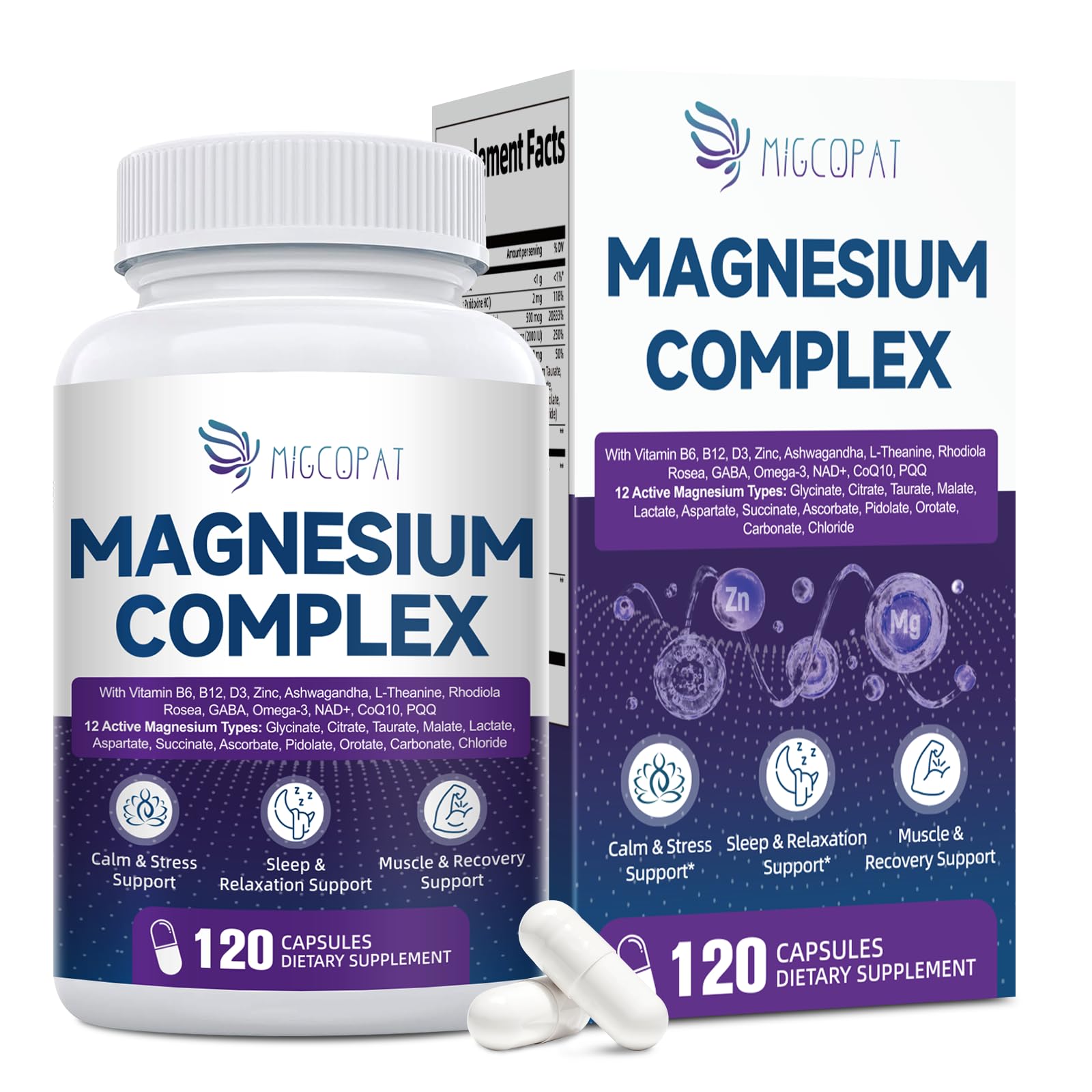 Migcopat Magnesium Complex bottle close-up showing vegan formula for daily calm and energy