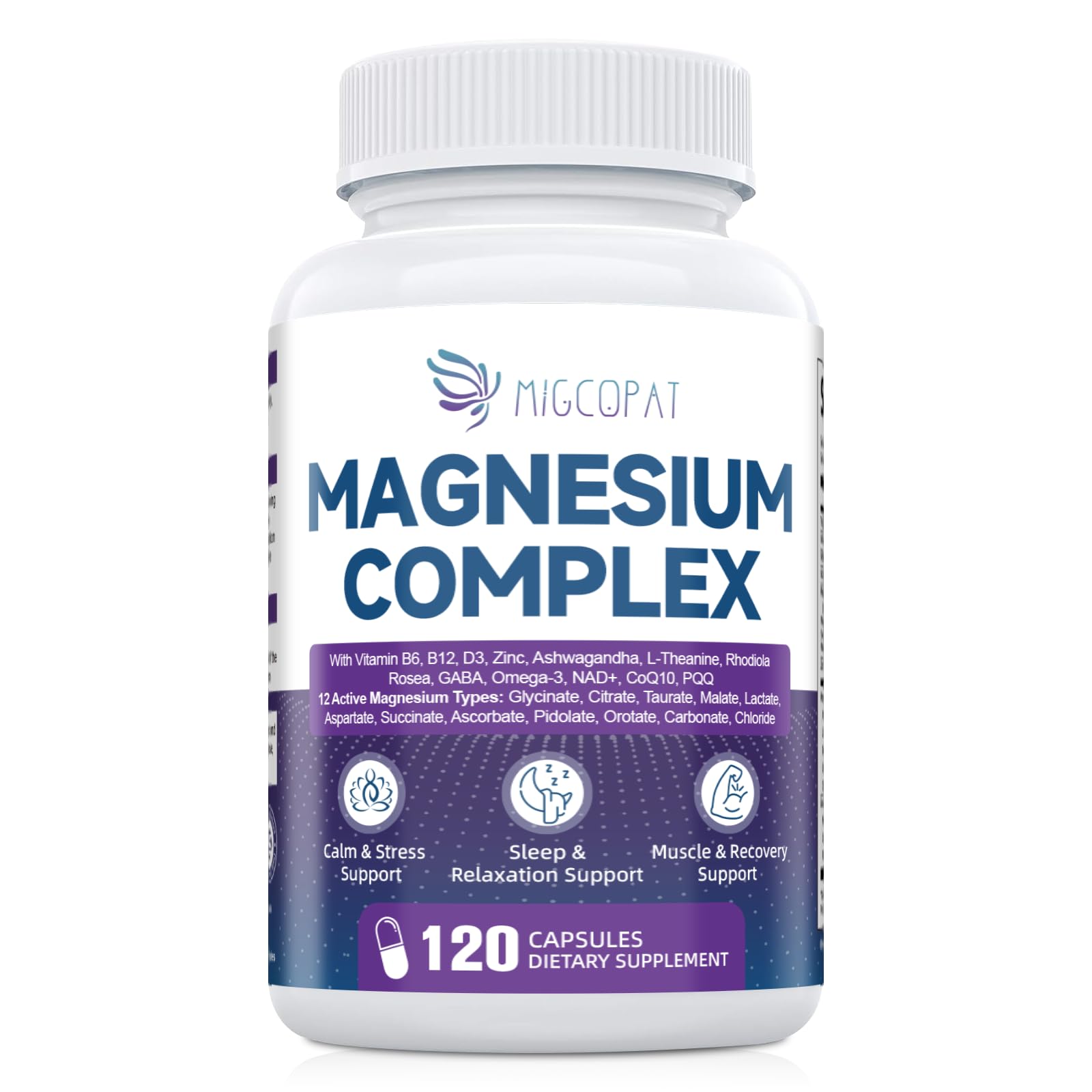 Migcopat Magnesium Complex packaging highlighting vegan and non-GMO quality