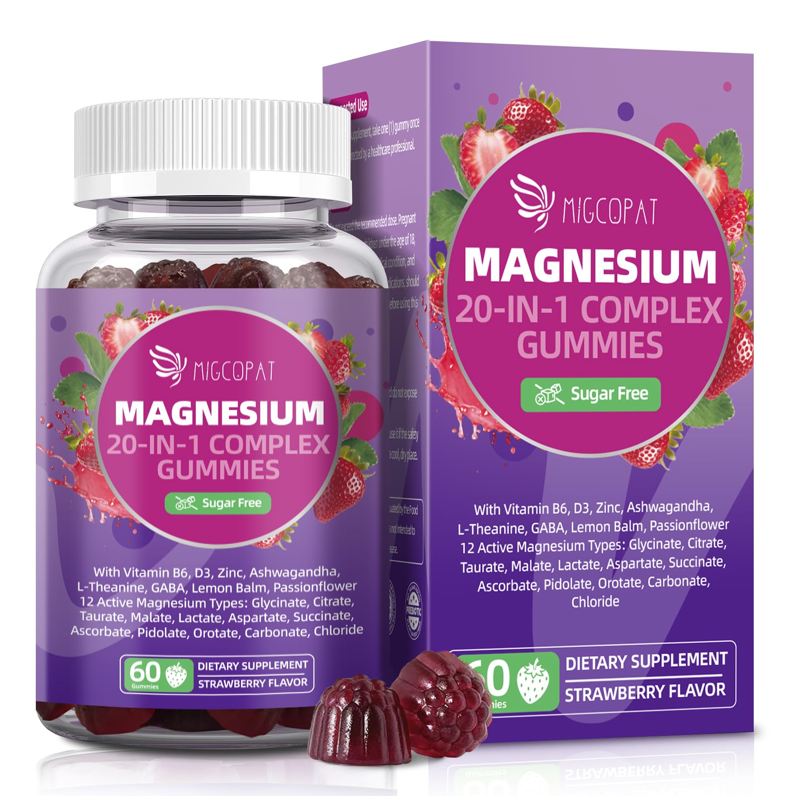 Migcopat Magnesium Complex Gummies packaging highlights the 20-in-1 formula for bone and muscle support