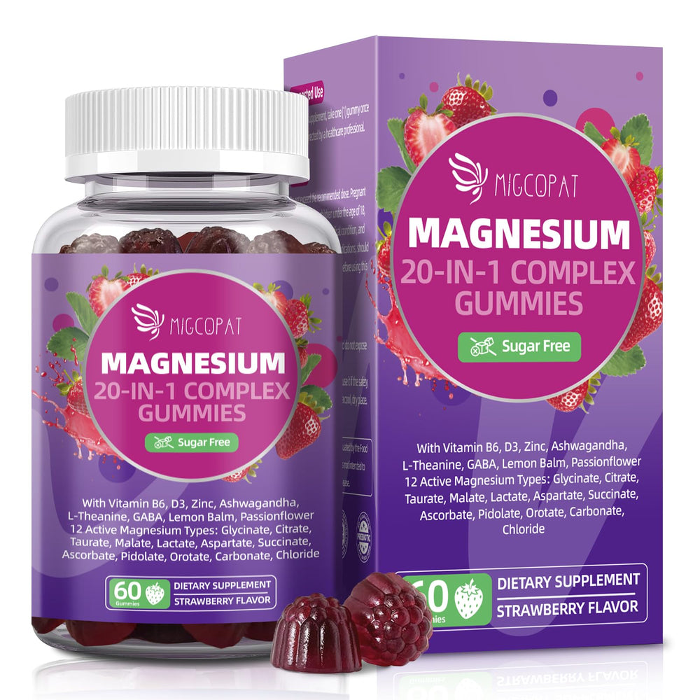 Migcopat Magnesium Complex Gummies packaging highlights the 20-in-1 formula for bone and muscle support