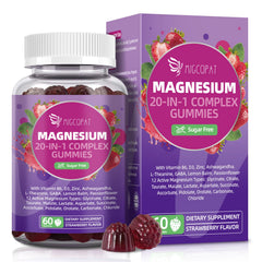 Migcopat Magnesium Complex Gummies packaging highlights the 20-in-1 formula for bone and muscle support