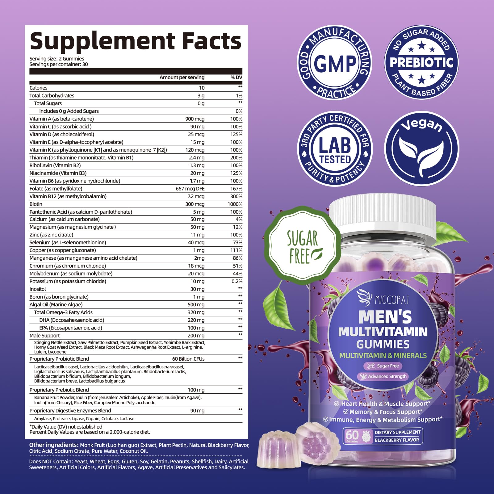 Migcopat label close-up highlights omega-3 and probiotic ingredients.