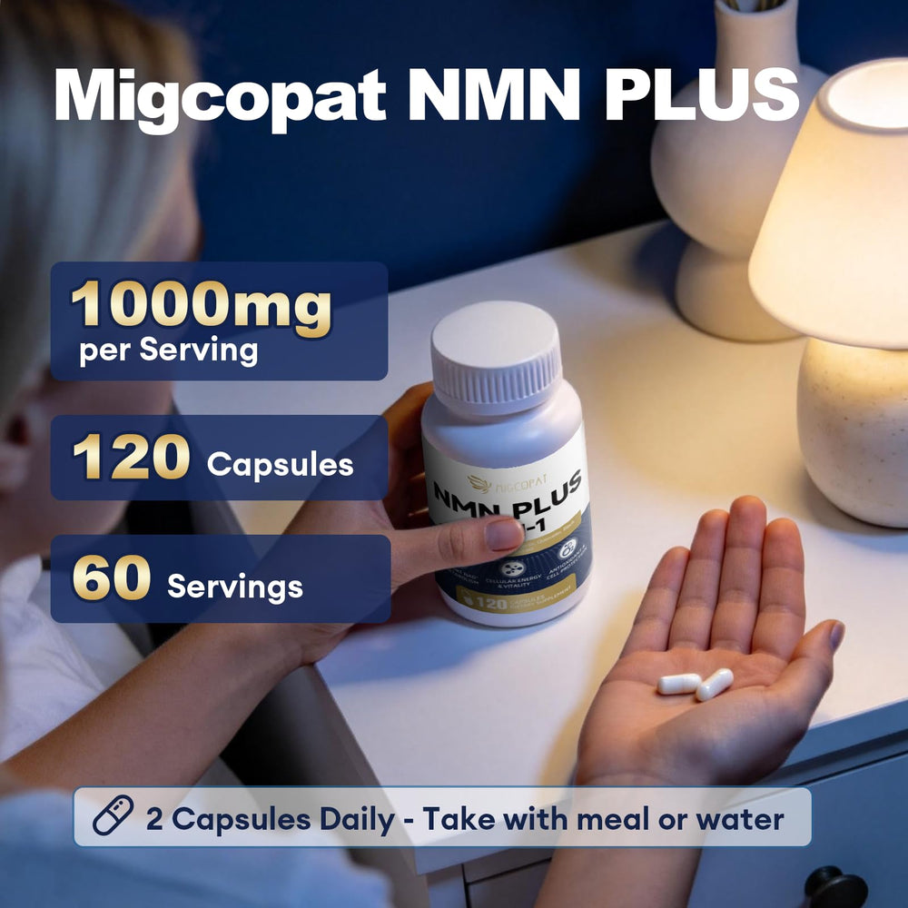 Migcopat NMN 5-in-1 ingredients graphic shows resveratrol, apigenin, quercetin and black pepper