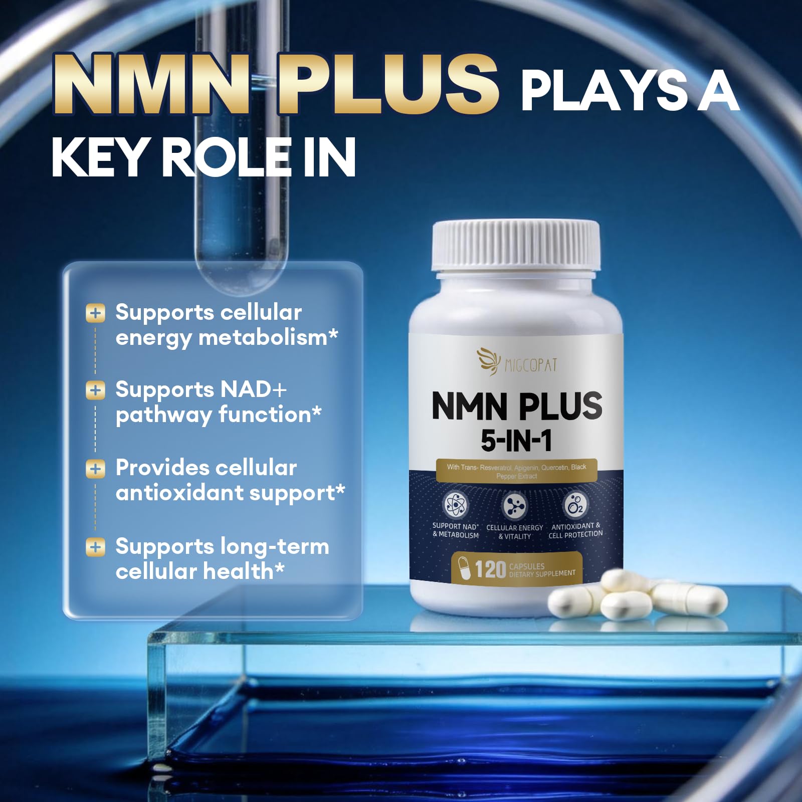 Migcopat NMN daily dosage guide showing two capsules per day