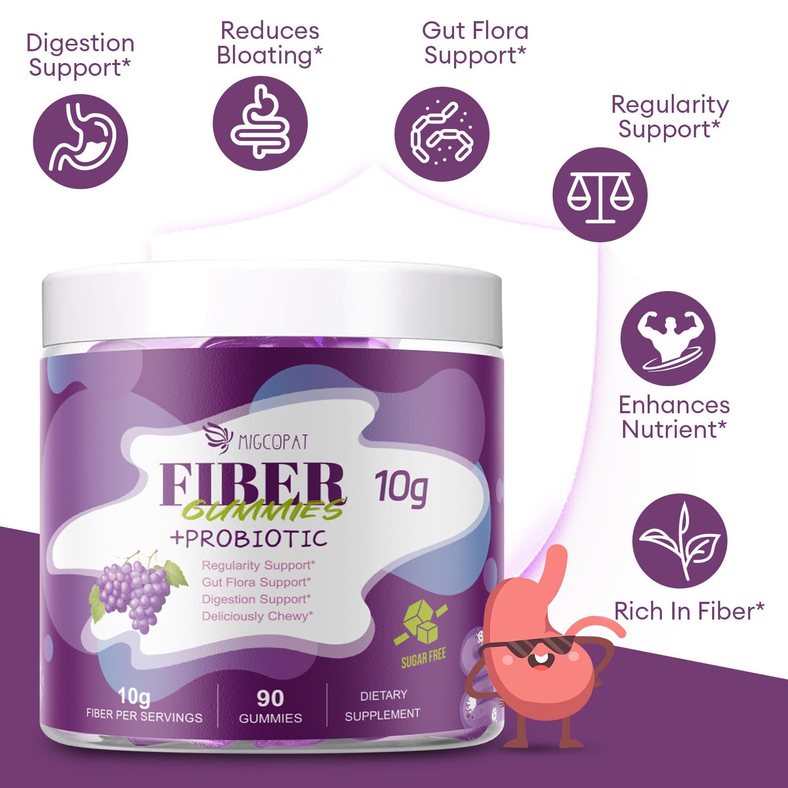 Migcopat probiotics bottle branded packaging highlights 30B CFU for gut health.