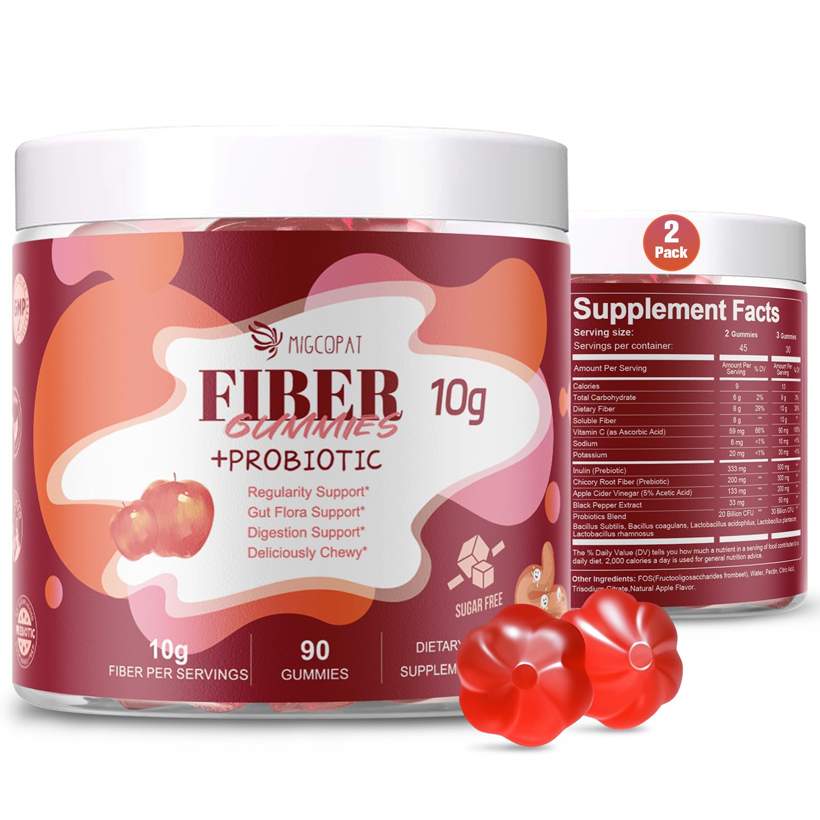 Migcopat sugar-free fiber gummies apple bottle highlights convenient daily fiber support